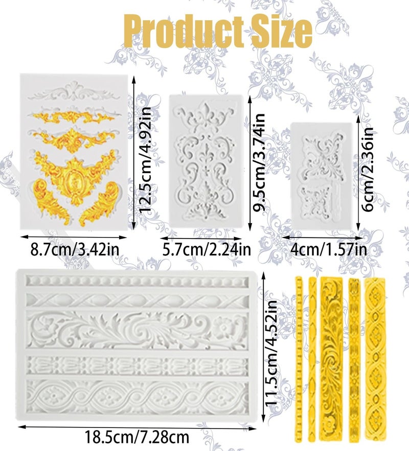Pofflujent 4 Pcs Baroque Style Silicone Molds Curlicues Scroll Lace Fondant Molds Relief Flower Mould Filigree Mold 3D Sculpted for Gummy Sugar, Cupcake Topper, Polymer Clay, Crafting Projects - Image 2
